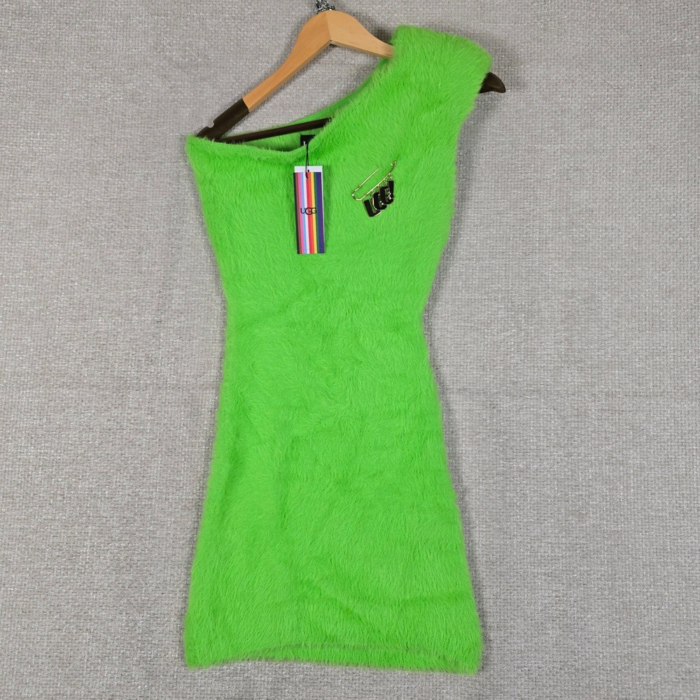UGG U URSEEN Lime Green Faux Fur One Shoulder Mini Dress Logo Pin 1159570 XS NEW